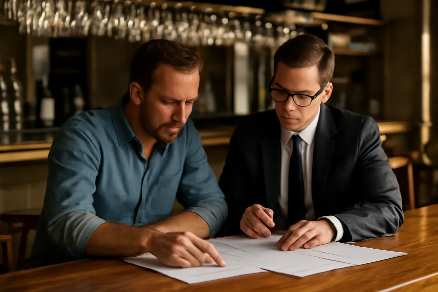 Restaurant owner reviewing liquor license paperwork at an empty bar counter