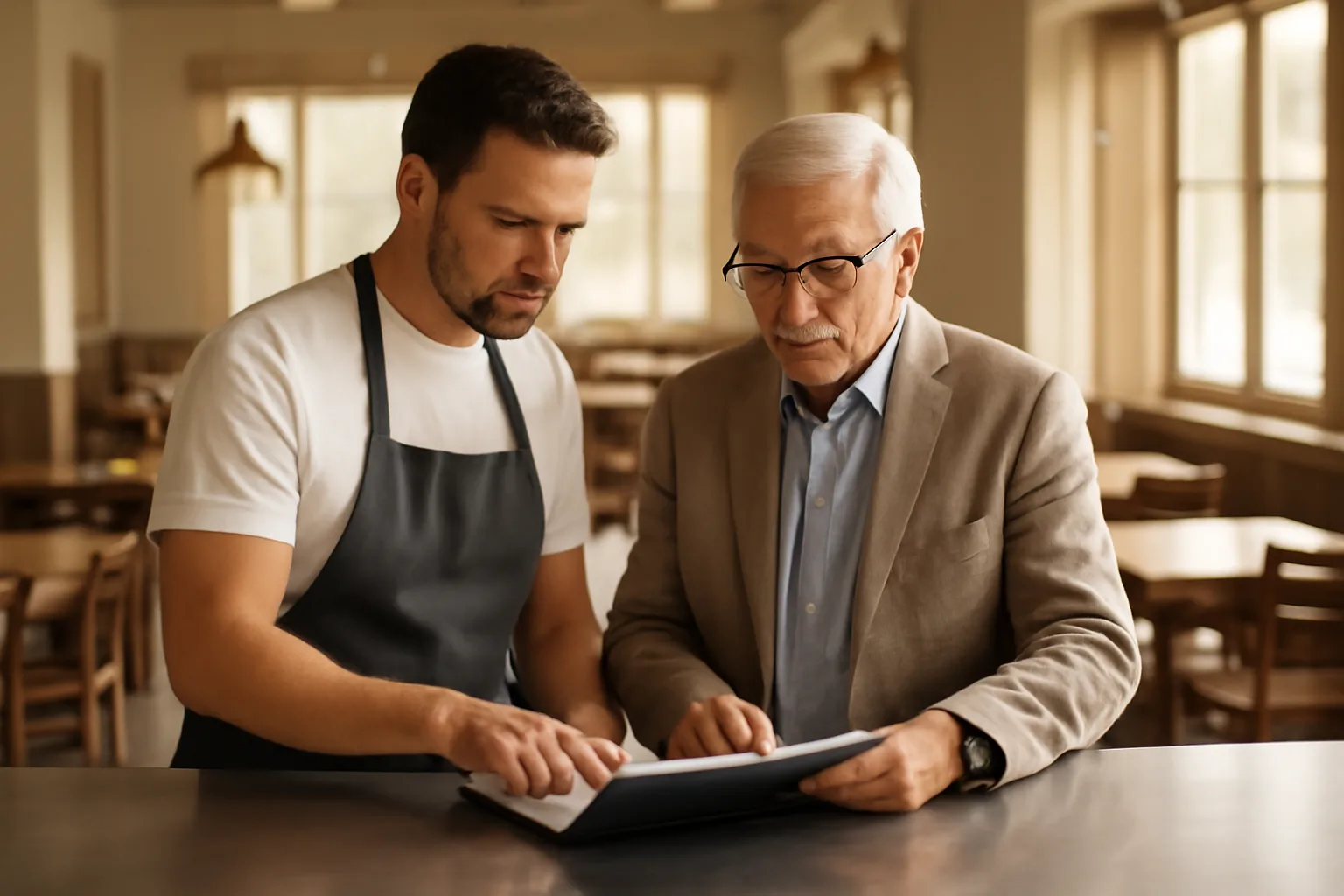 Restaurant owner and advisor discussing liquor license paperwork in an empty dining room