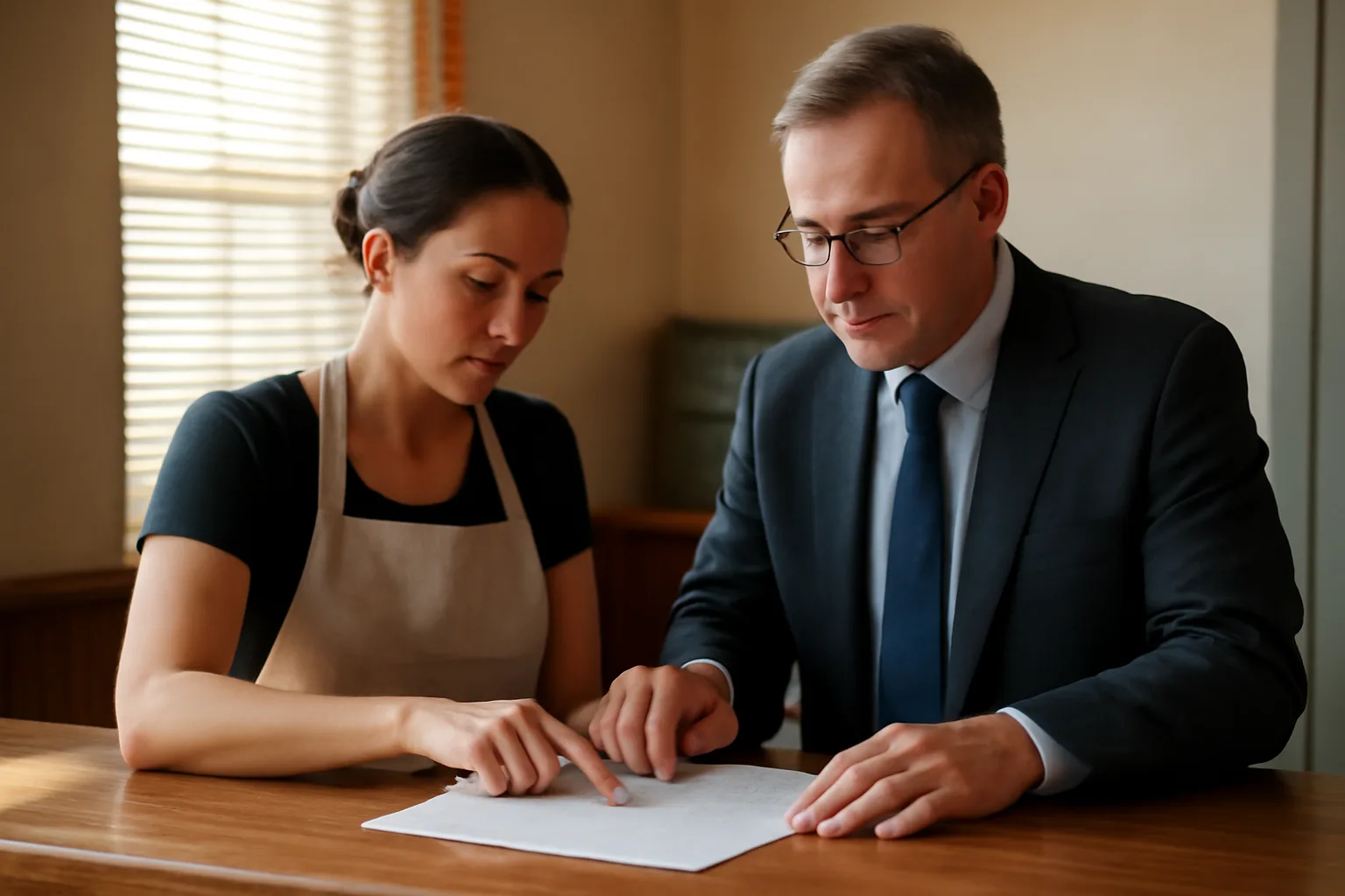 Restaurant owner discussing liquor license cost with a county licensing clerk at a counter
