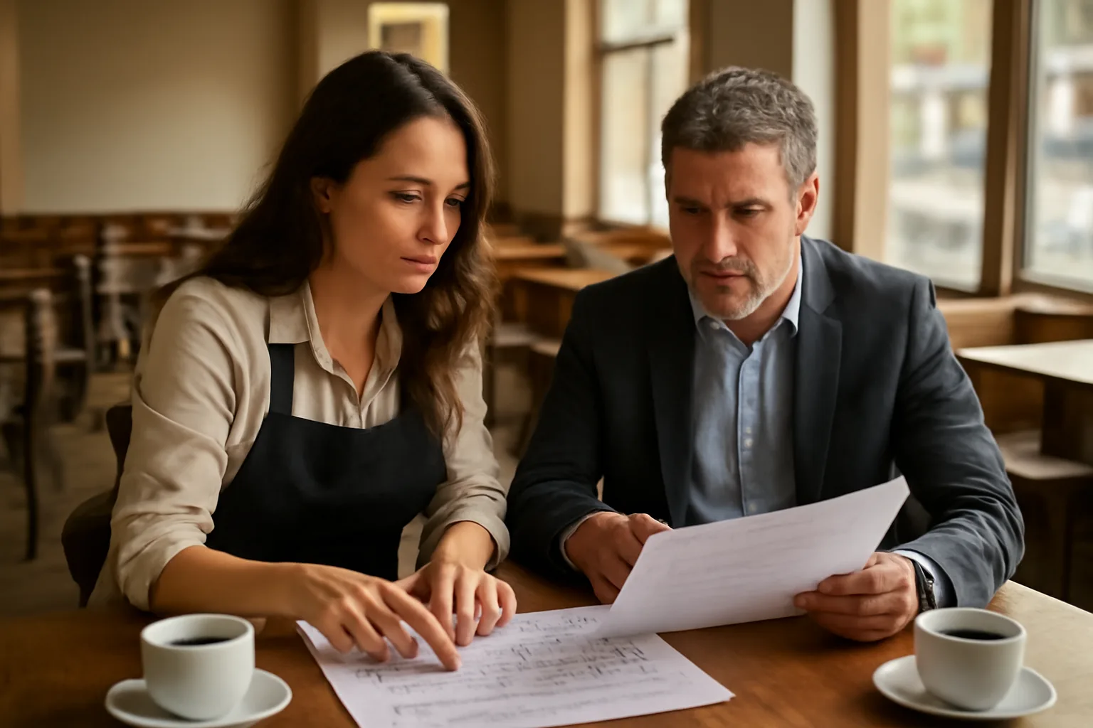 Restaurant owner reviewing lease and floor plan documents while planning a Florida liquor license
