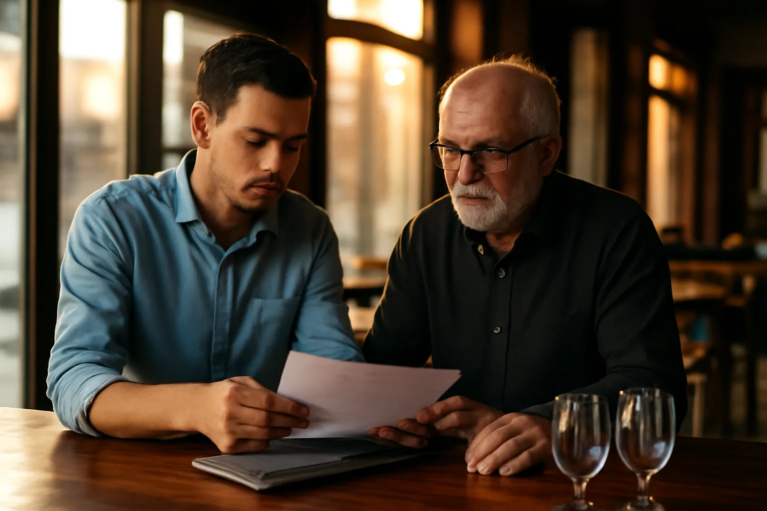 Restaurant owner reviewing paperwork at a bar counter, researching cost of liquor license california