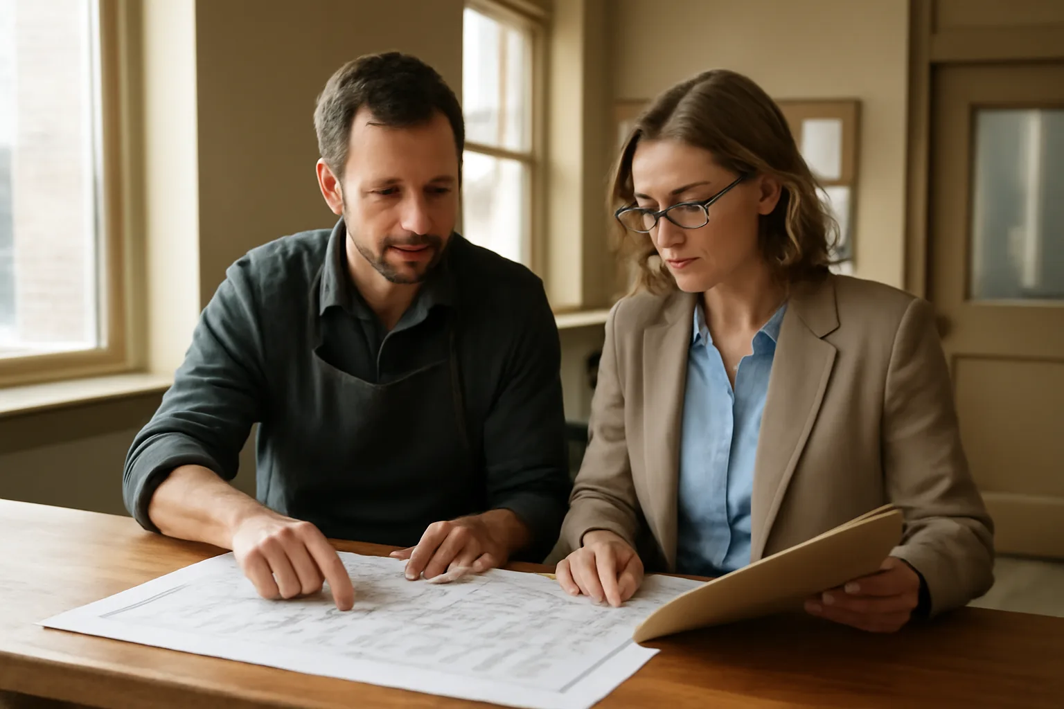 Restaurant owner discussing liquor license paperwork with a local clerk in an office