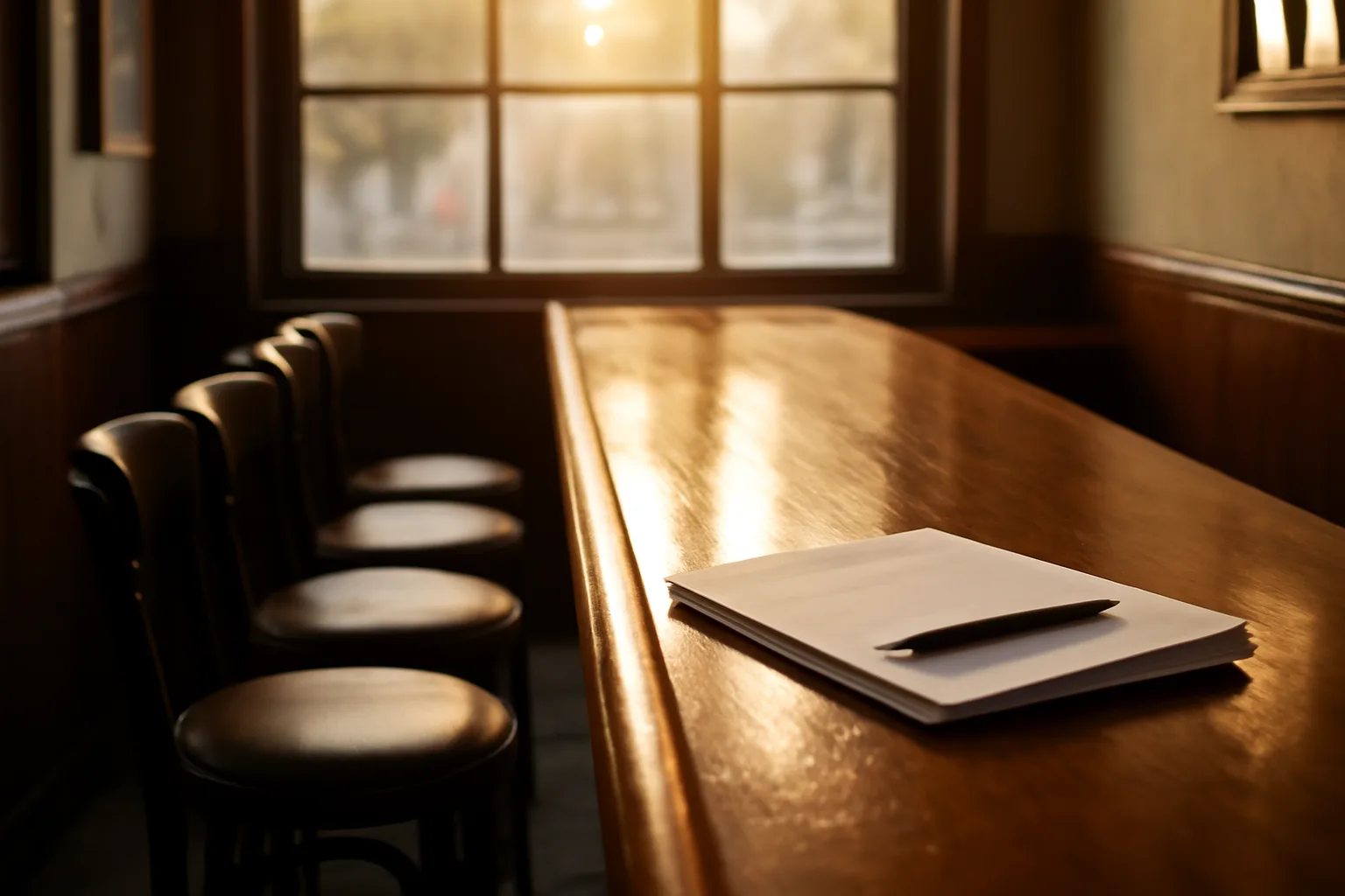 Empty restaurant bar at sunrise with paperwork on the counter before opening