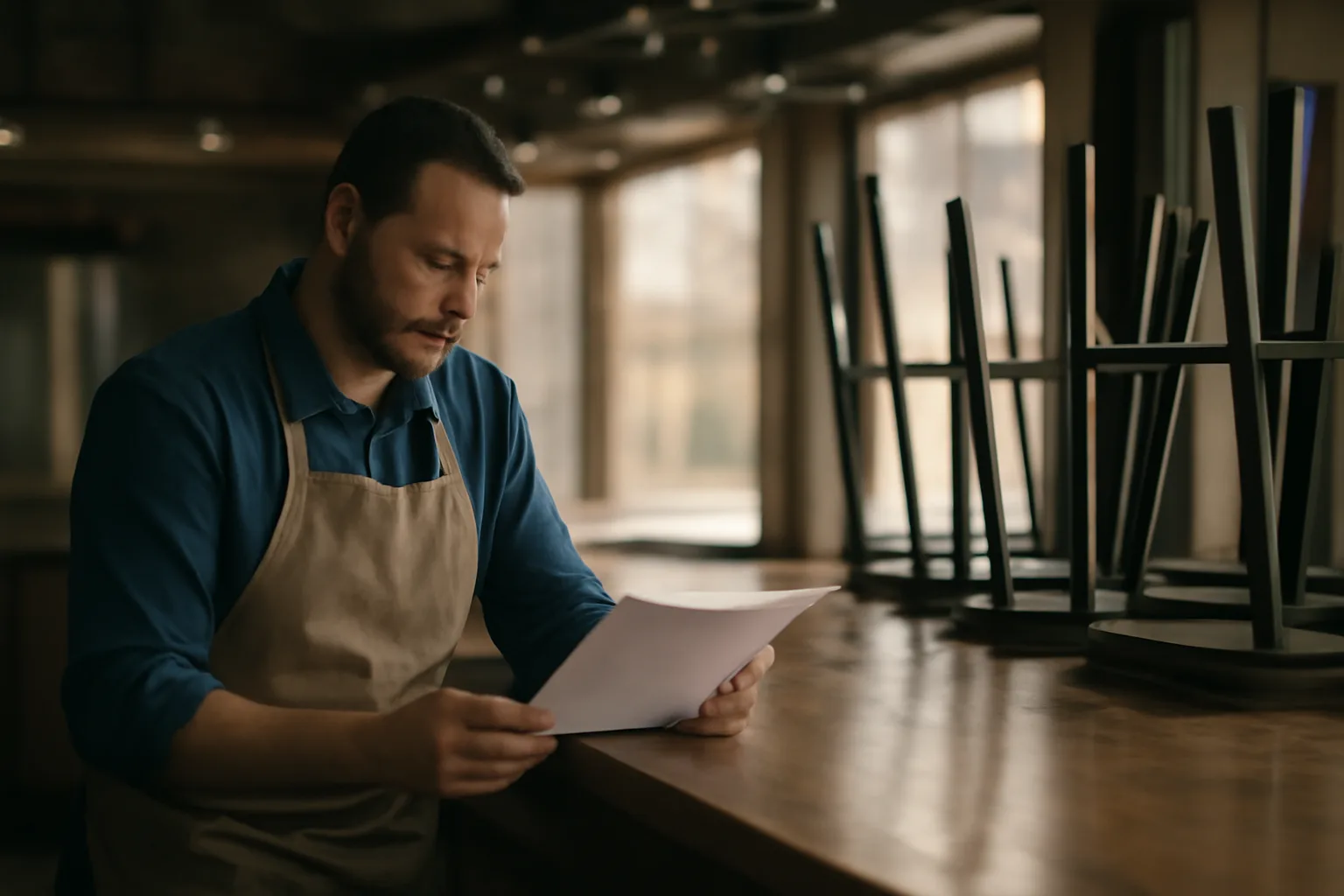 Restaurant owner reviewing documents at an unfinished bar before opening