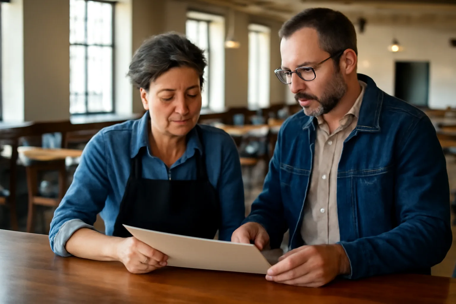 Restaurant owner and inspector reviewing paperwork at a bar counter