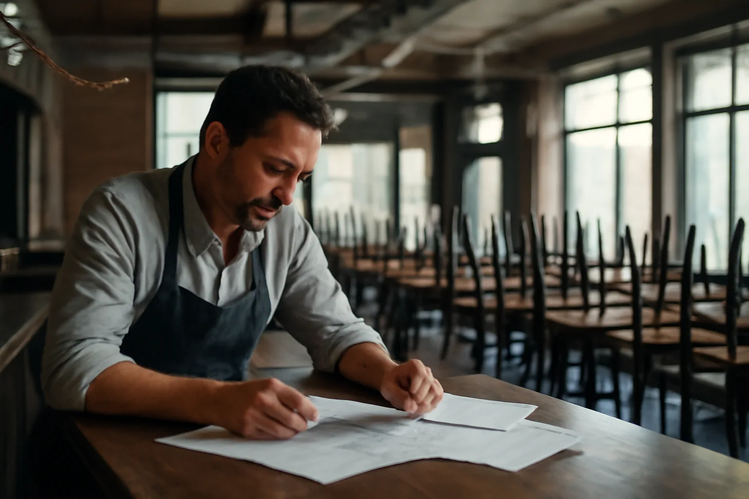 Restaurant owner reviewing documents at a bar during liquor license waiting period