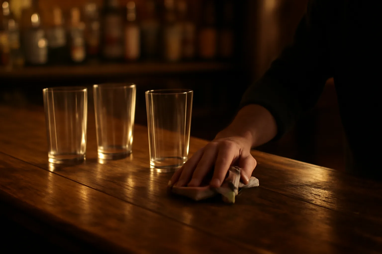 Bartender wiping an empty bar counter at dusk with bottles blurred behind, illustrating liquor license costs