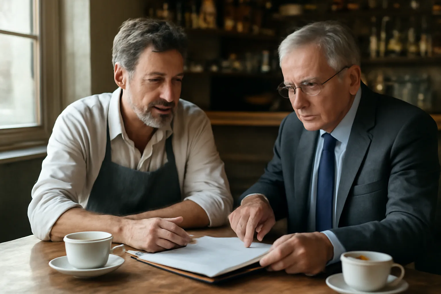 restaurant owner reviewing liquor license paperwork with an advisor at a bar table