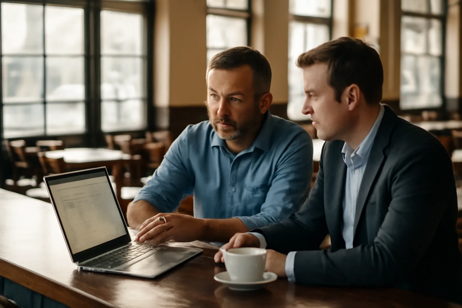 Restaurant owner and consultant discussing liquor license costs at a bar counter