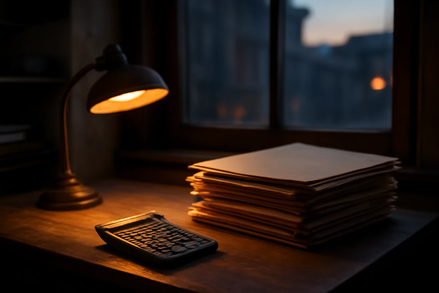 Restaurant owner's desk with paperwork and calculator, planning liquor license costs at dusk