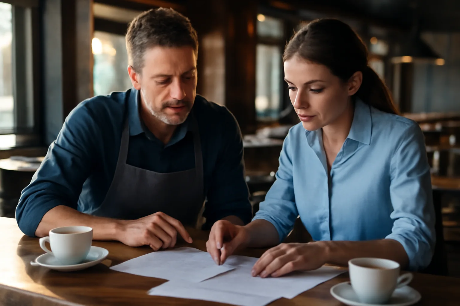 Restaurant owner reviewing liquor license paperwork at a bar counter
