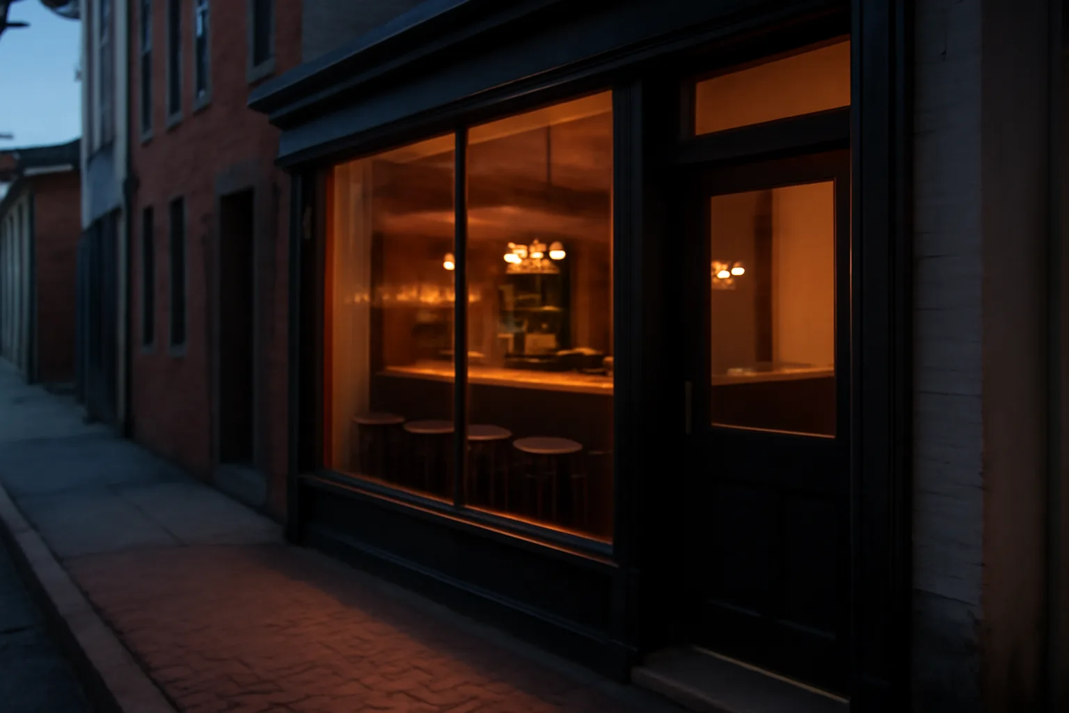 Storefront restaurant window on a New Jersey street at dusk, relevant to liquor license cost planning