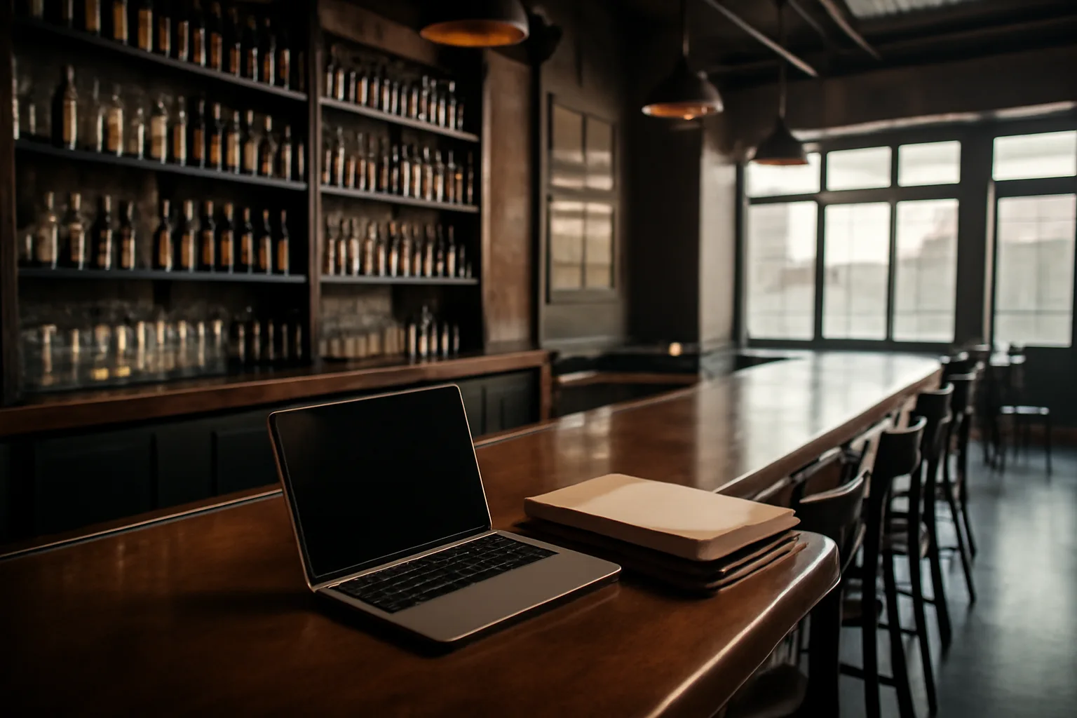 Empty new bar interior with paperwork and laptop on the counter before opening