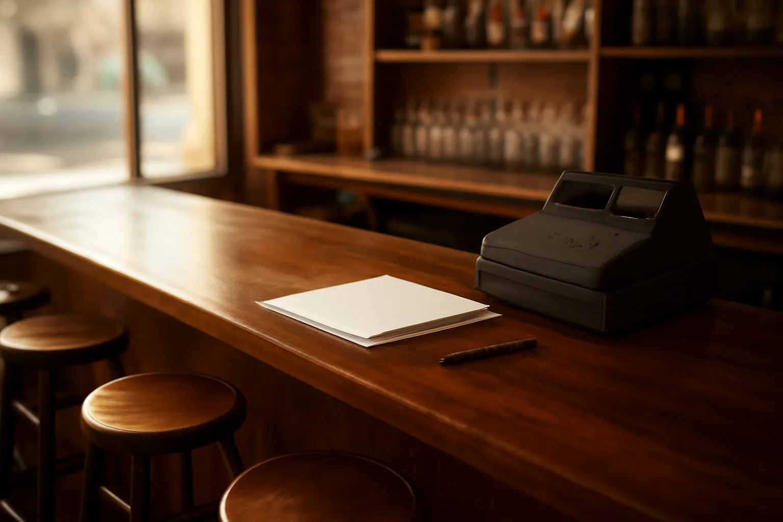 Empty bar counter with paperwork and pen, representing the cost of a bar license