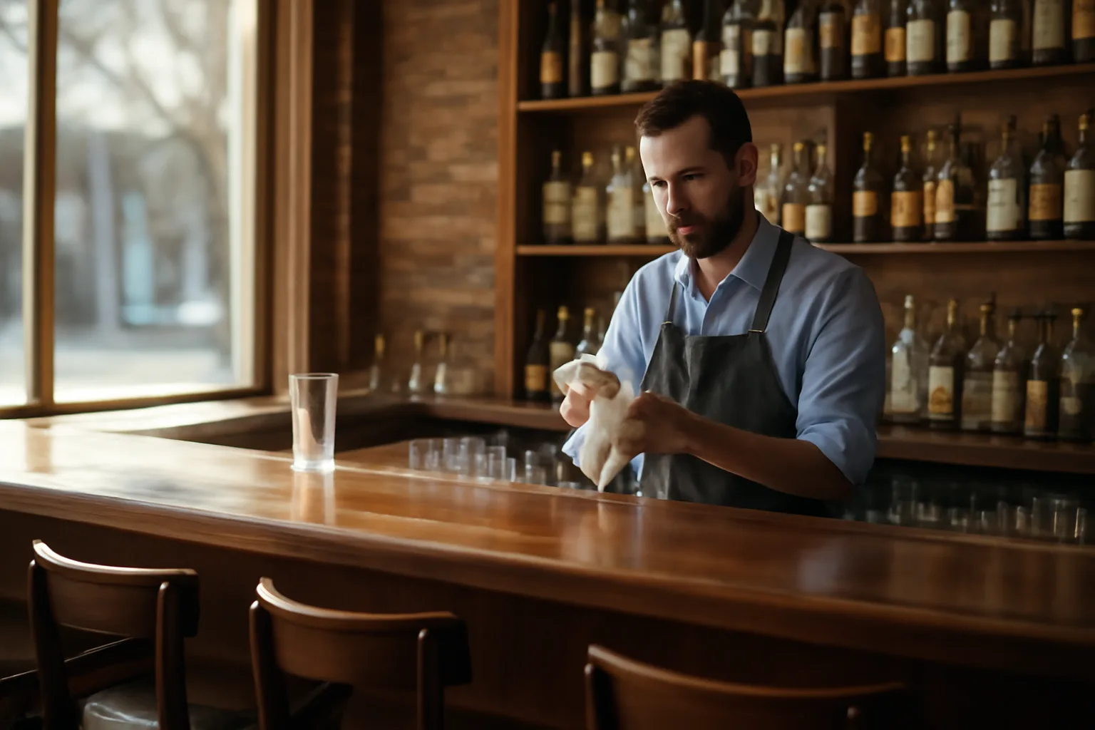 Empty restaurant bar with bottles on shelves, illustrating the cost of a liquor license in PA