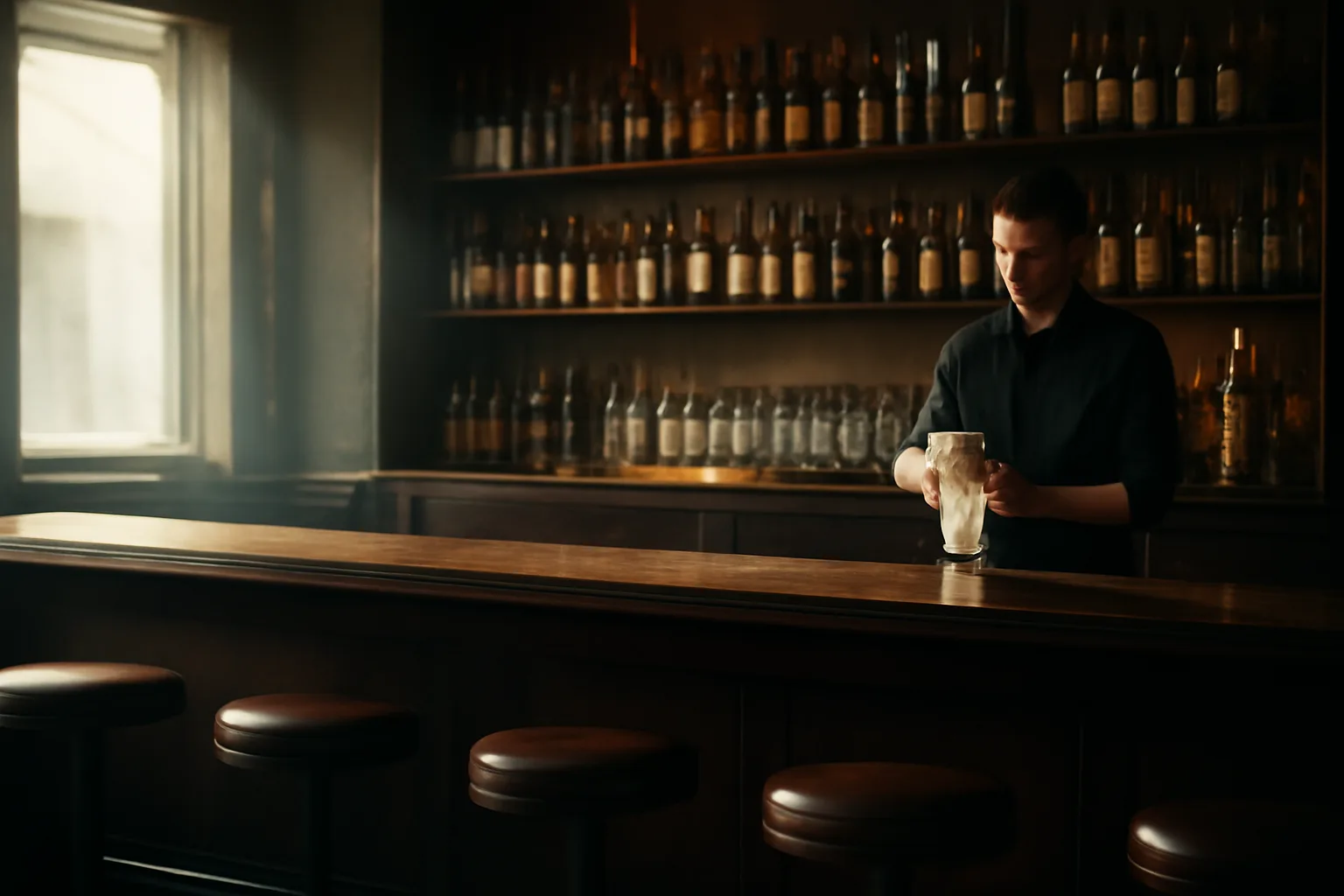 Empty bar interior at dawn showing what a bar license lets an owner legally operate