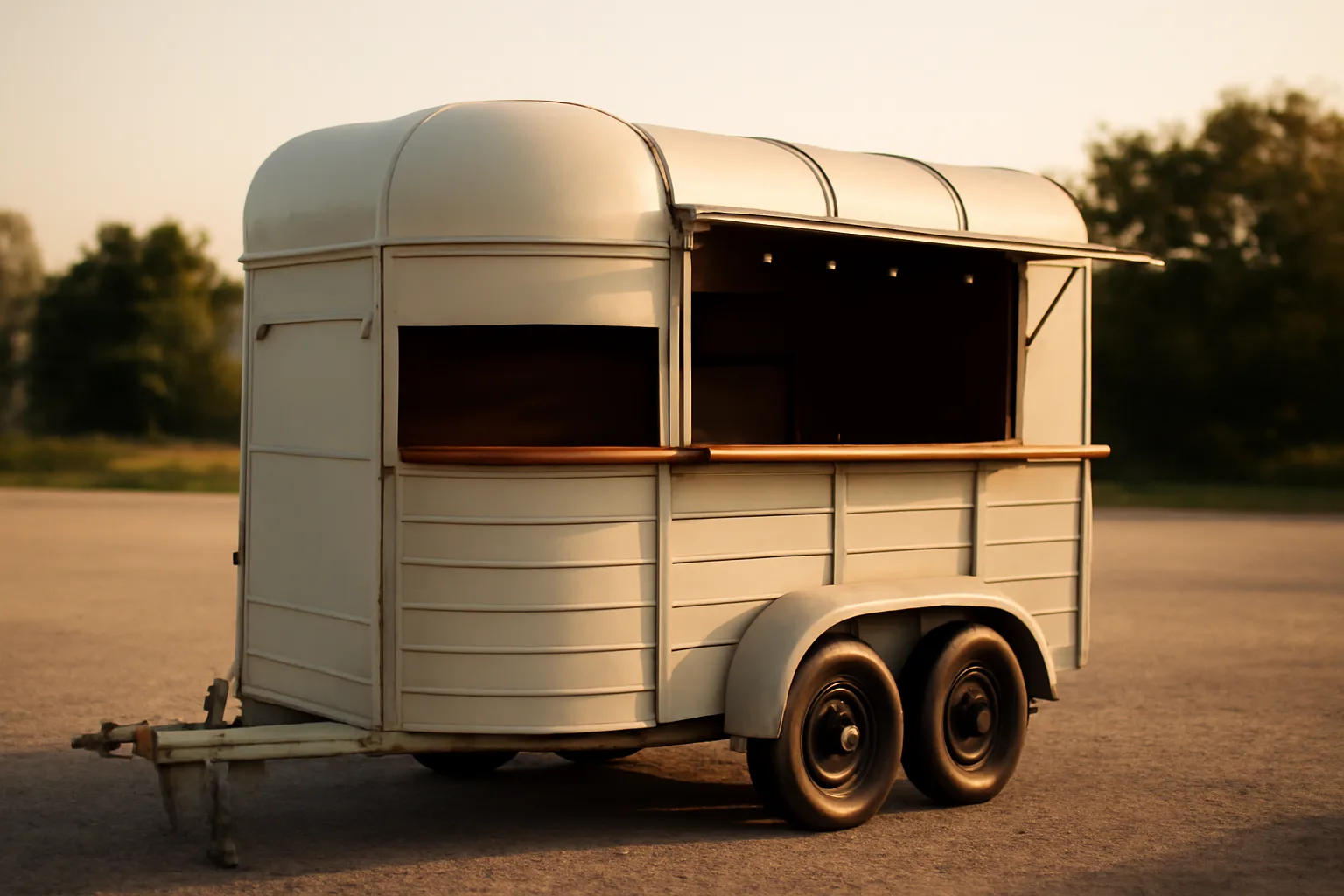 A converted trailer mobile bar parked outdoors at golden hour before an event