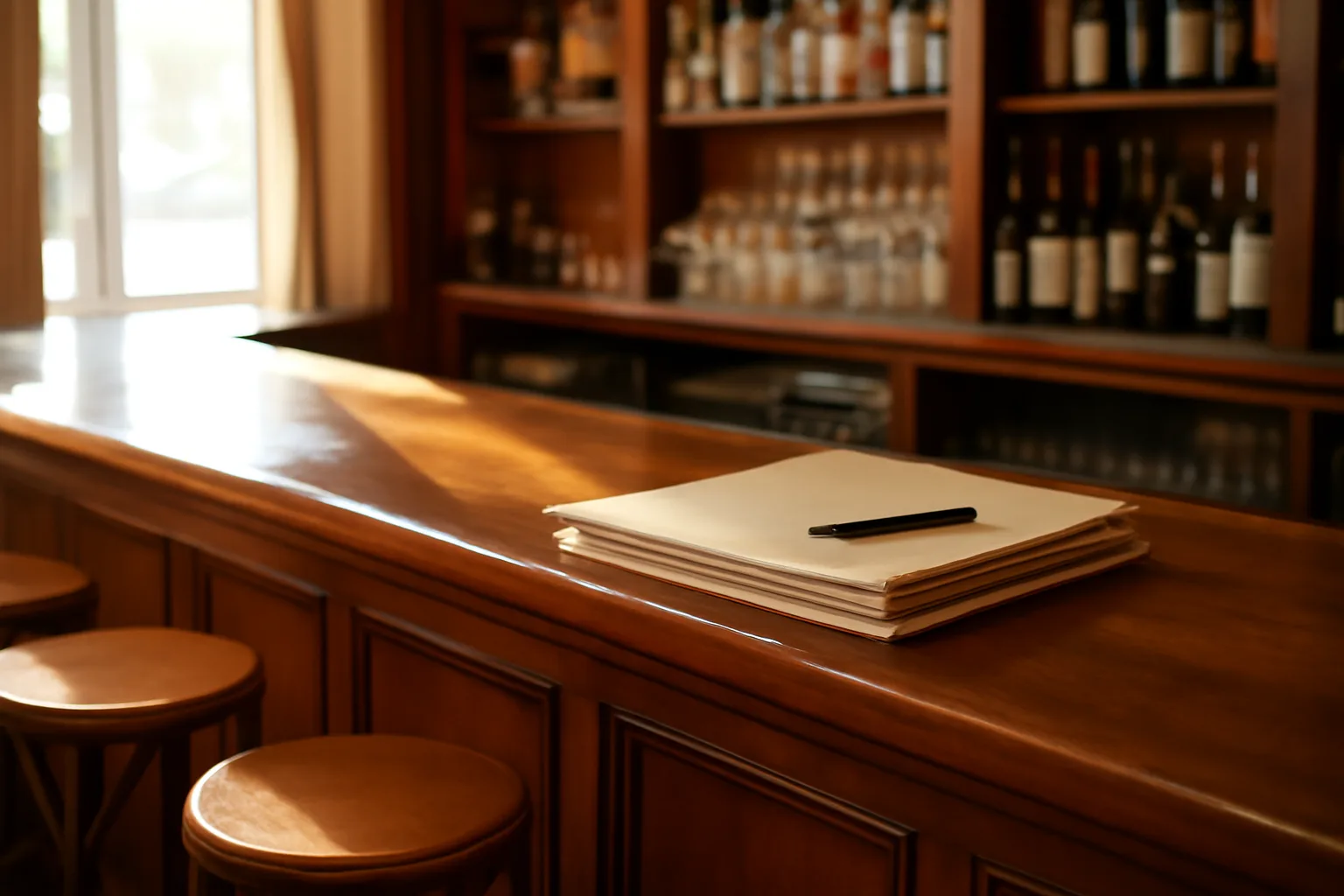 Empty bar counter with paperwork stacked beside a pen, morning light through the window
