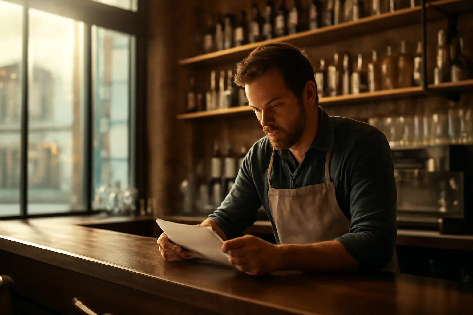 Restaurant owner reviewing paperwork at a bar counter before opening in Louisiana