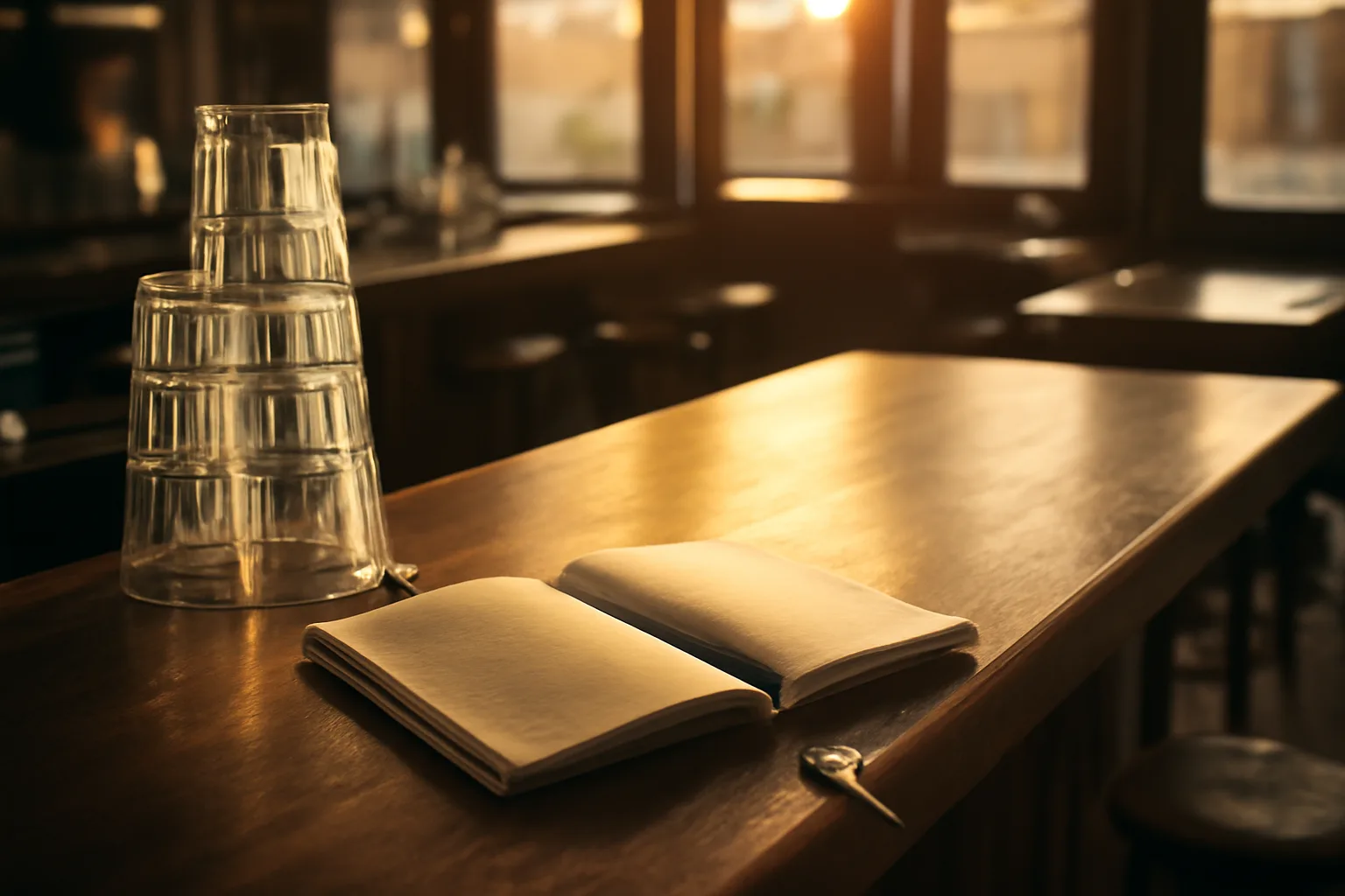 Empty restaurant bar counter with keys and notebook, representing liquor license planning