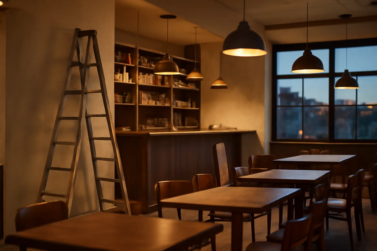 Restaurant bar area under construction with glassware shelving and warm evening light