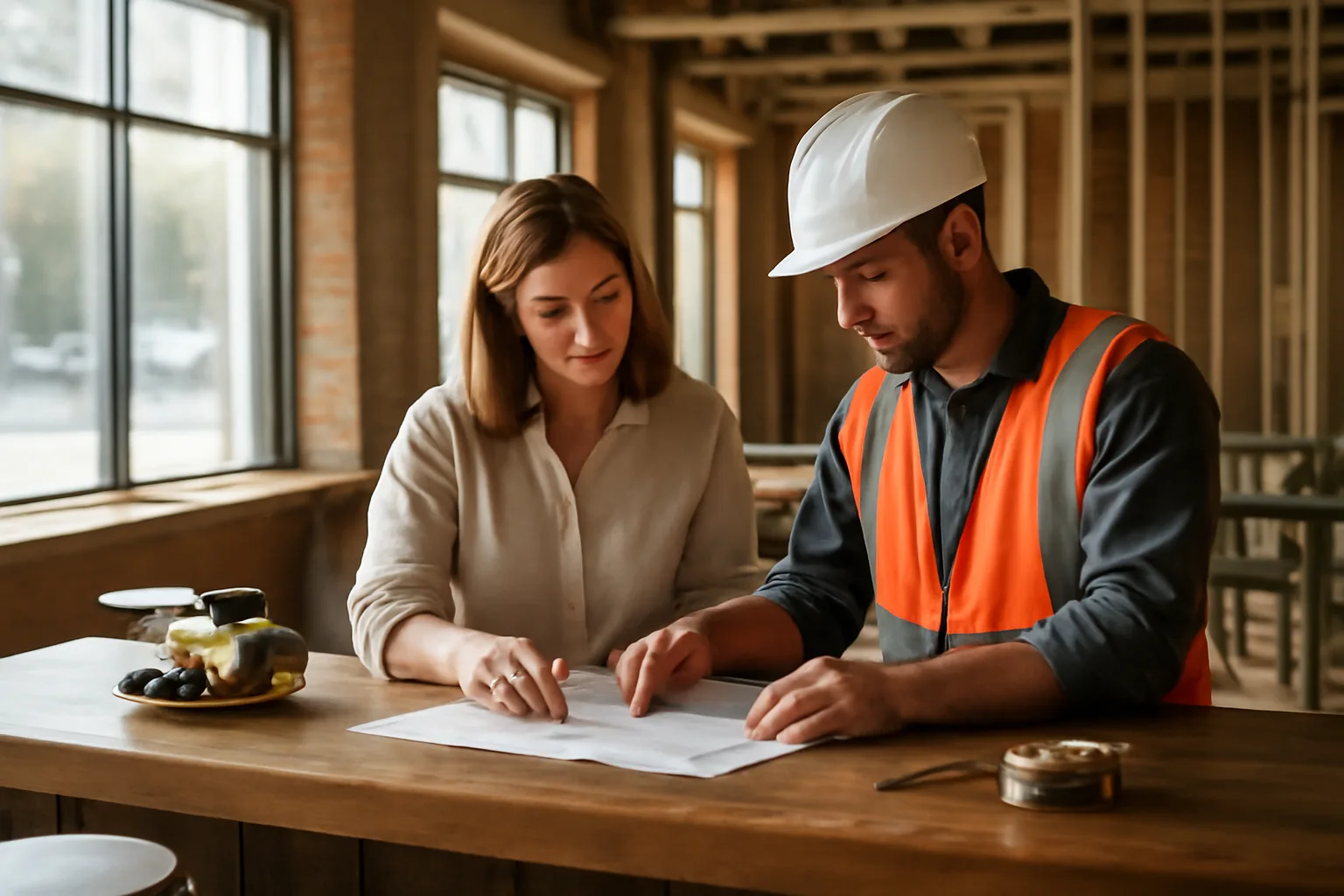 Restaurant owner reviewing paperwork at a bar counter during buildout