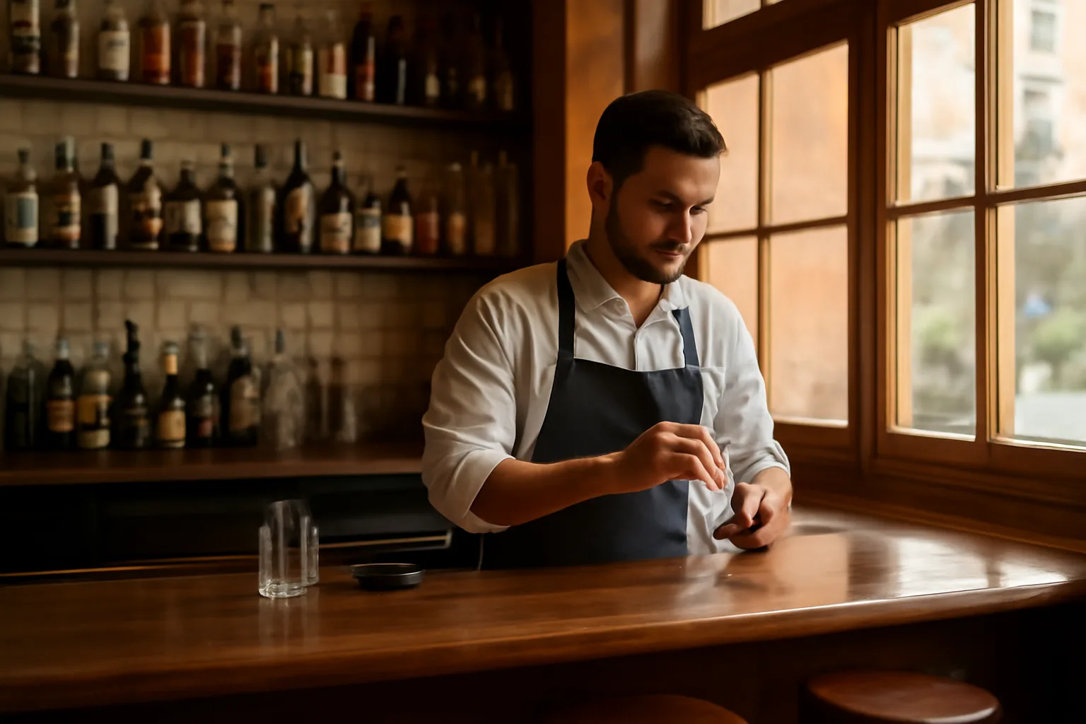 Empty restaurant bar counter with bartender, representing the cost of getting an alcohol license