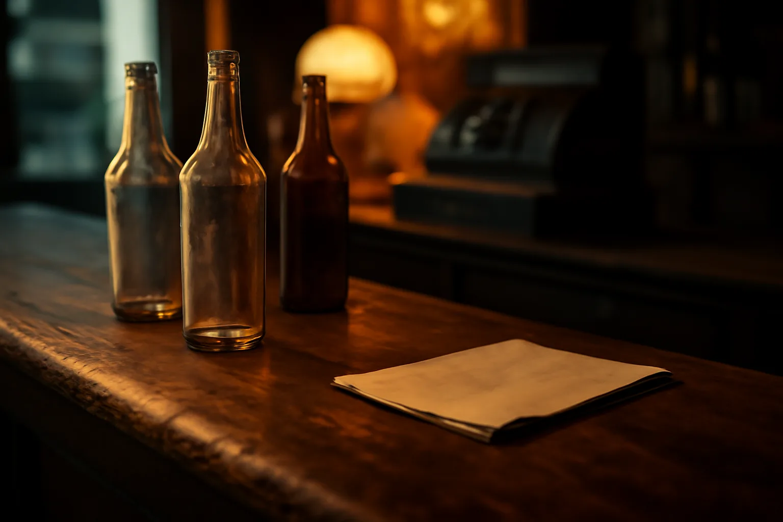 Empty bar counter at dusk with warm lighting and a folded document nearby