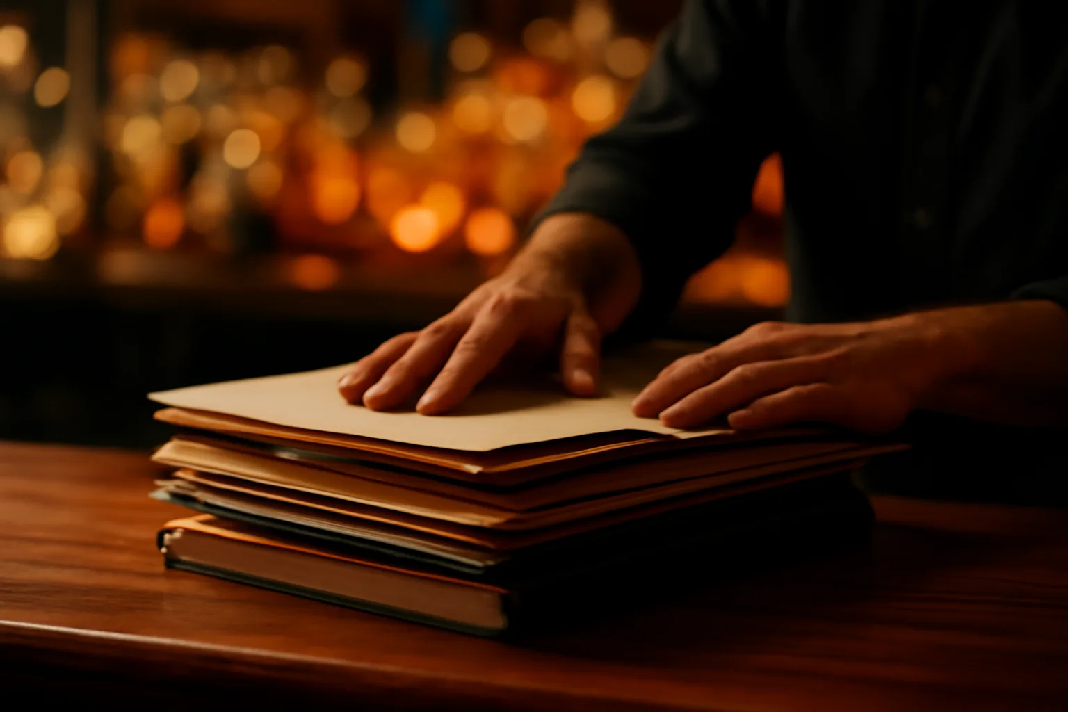 Bartender organizing business paperwork on a bar counter at dusk
