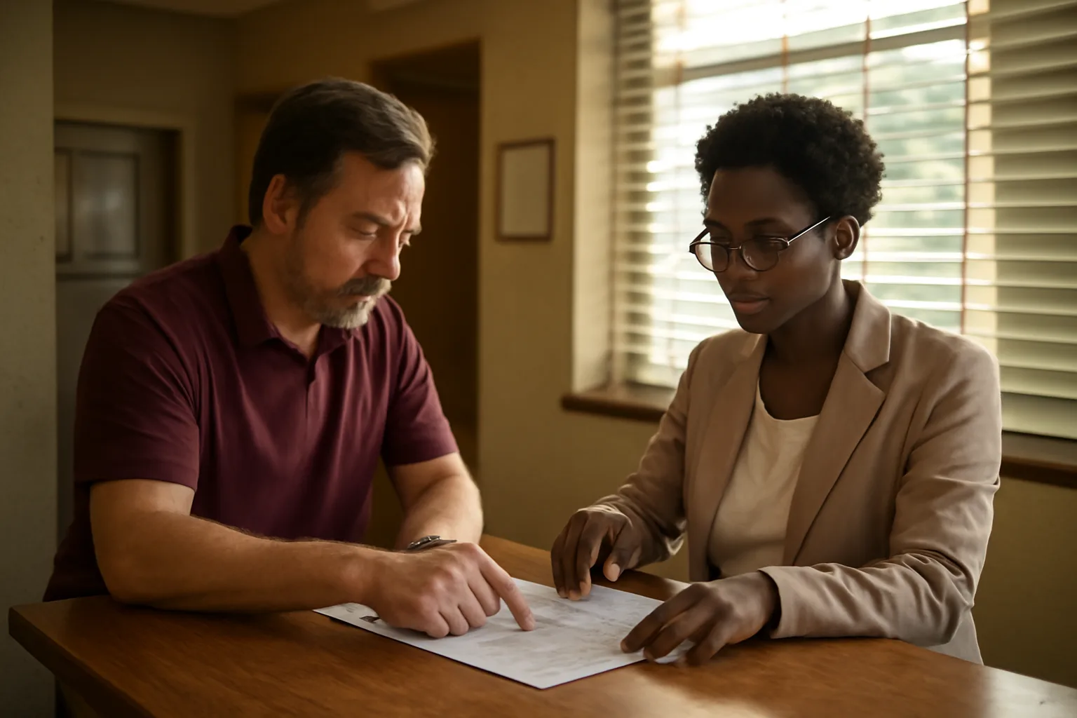 Restaurant owner discussing liquor license paperwork at a Georgia city licensing office counter