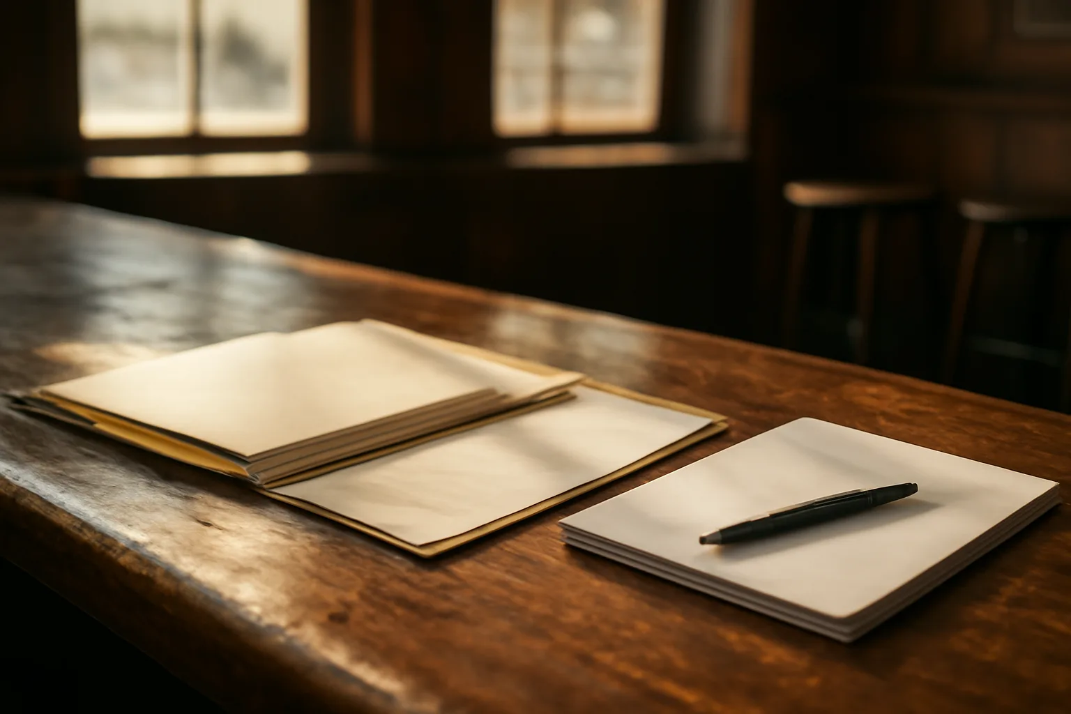 Sunlit bar counter with paperwork and a pen, representing liquor license cost planning