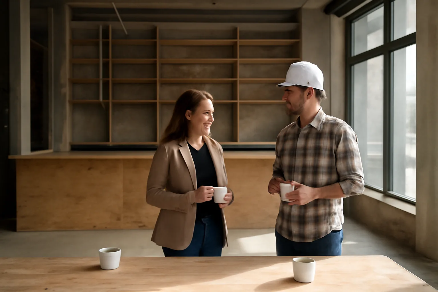 Restaurant owner and contractor reviewing an empty bar space before opening in California