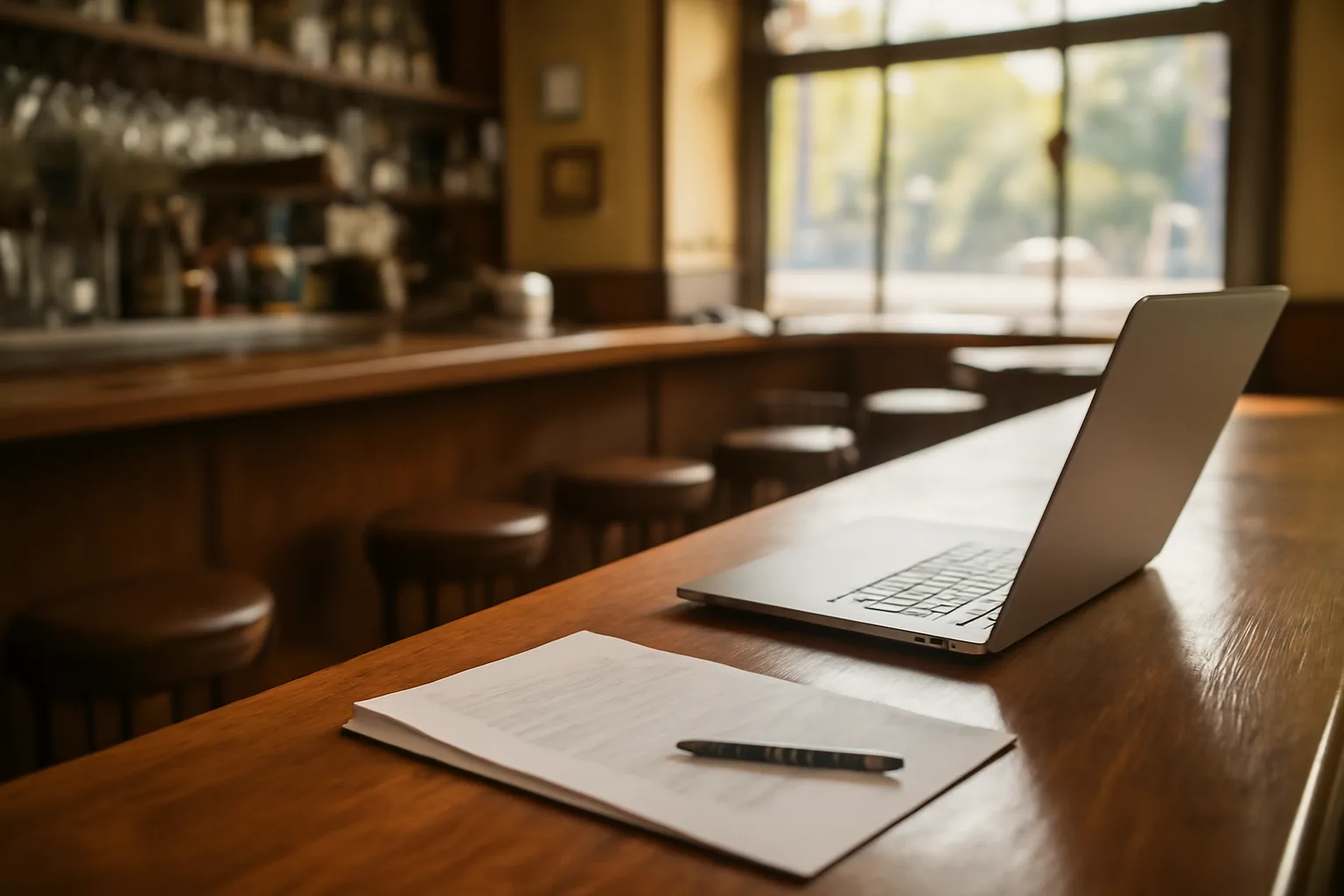 Empty restaurant bar counter with paperwork and laptop before liquor license approval