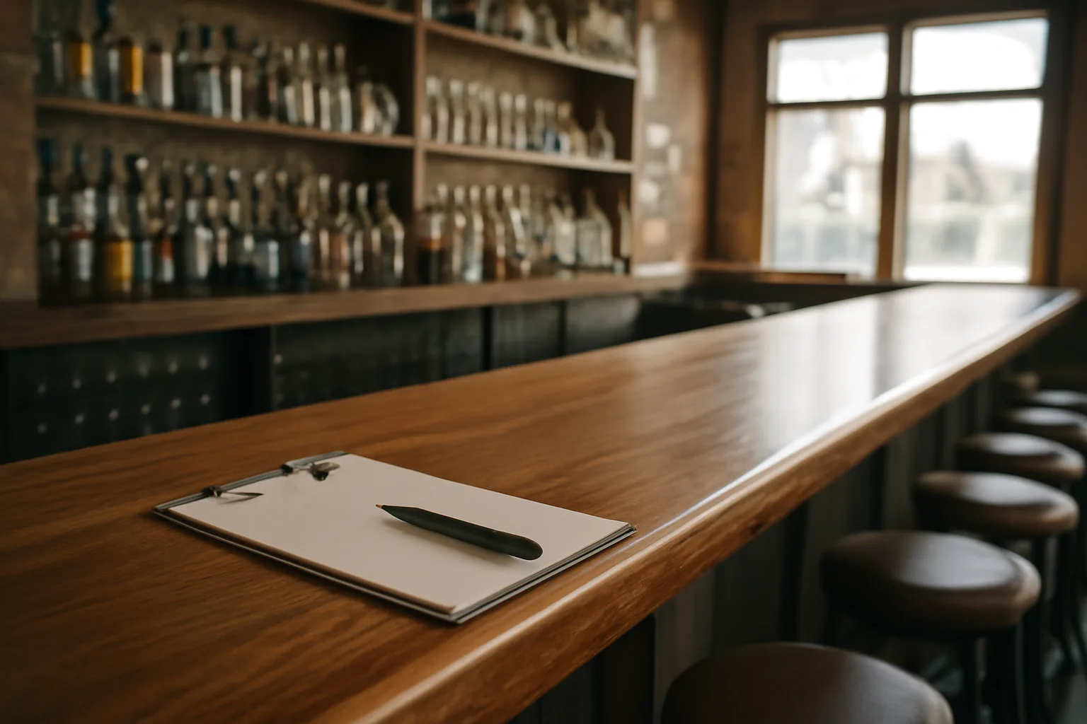 Empty restaurant bar counter in morning light before a Texas liquor license inspection