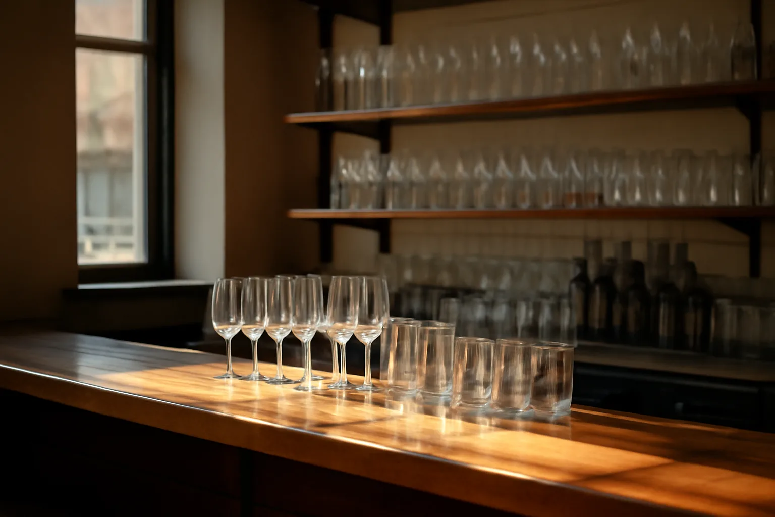 Empty restaurant bar with clean glassware in daylight, representing liquor license cost planning