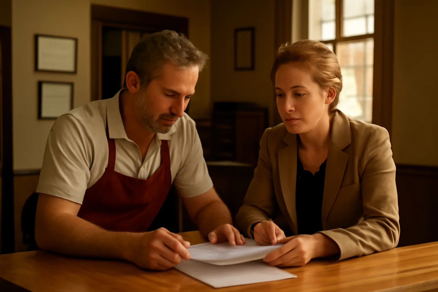 Restaurant owner discussing liquor license paperwork with a city clerk in Georgia