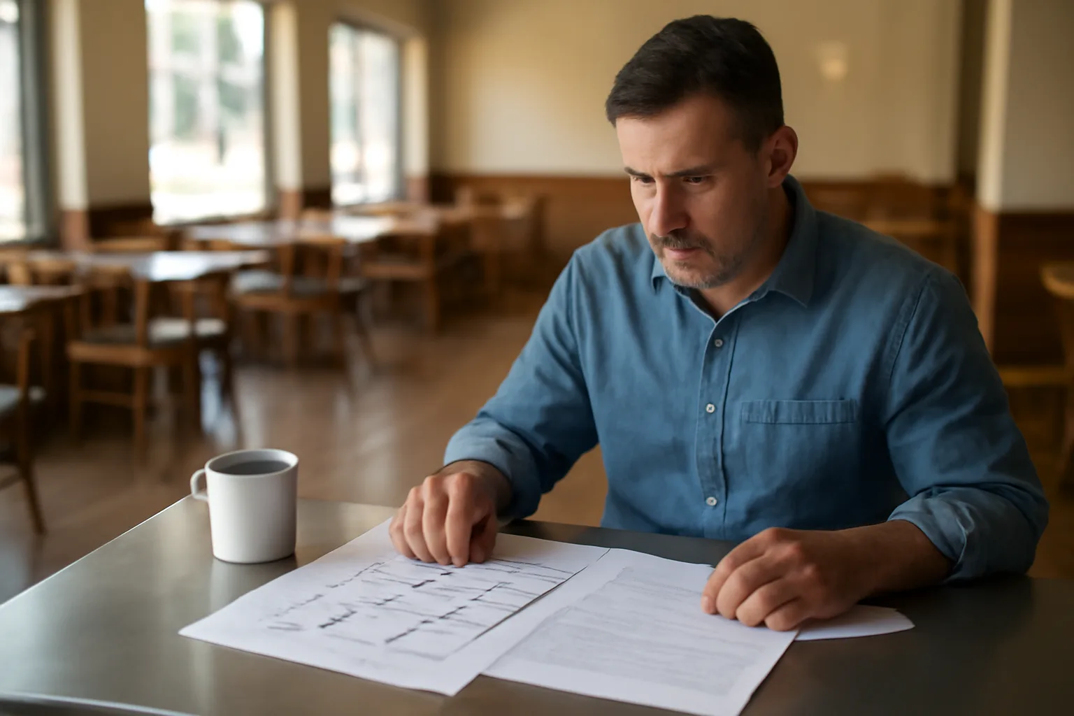 Restaurant owner reviewing lease and floor plans before applying for a liquor license