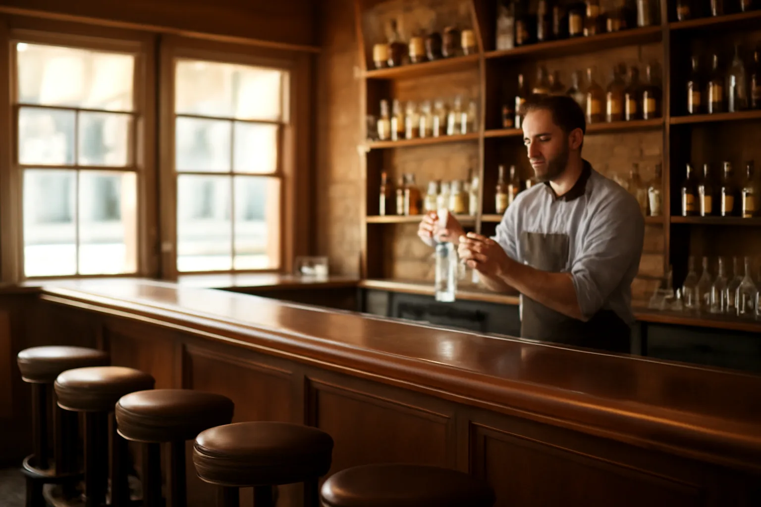 Empty Texas restaurant bar with bartender polishing a glass before opening