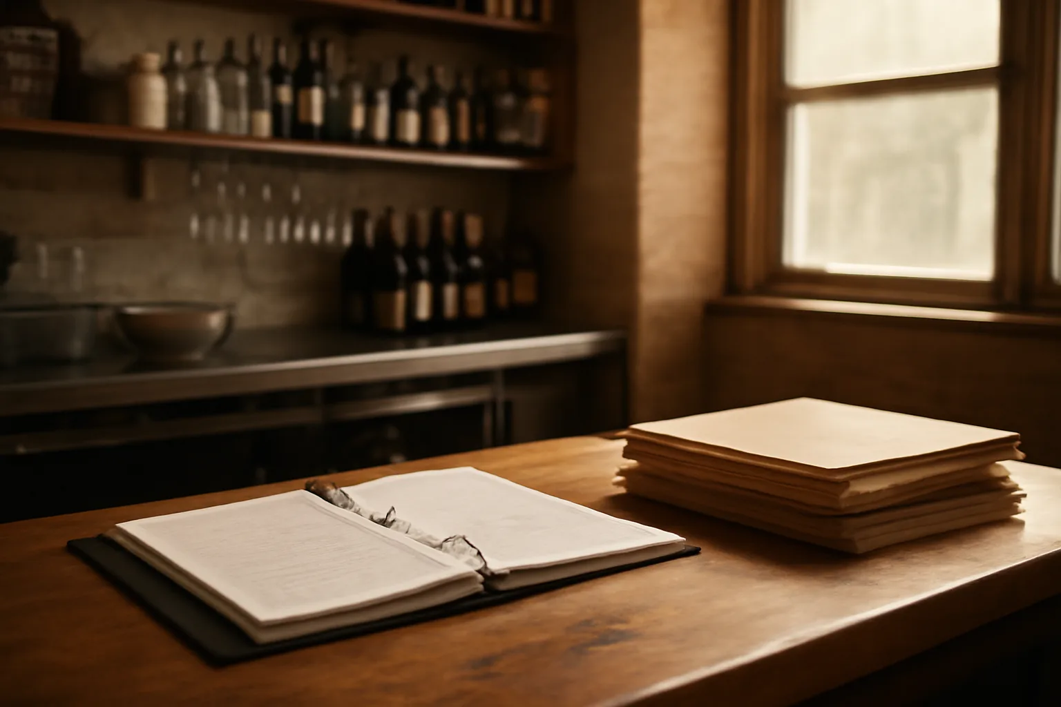 Restaurant back office table with paperwork folders representing liquor license cost planning