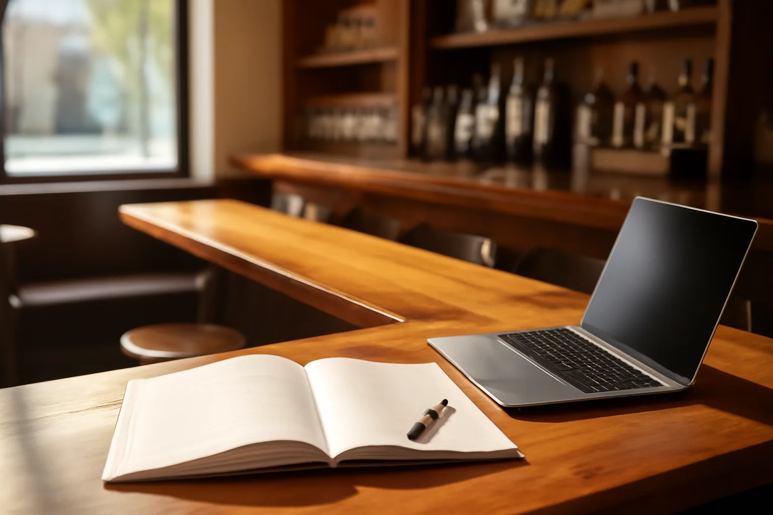 Restaurant bar counter with paperwork and laptop during a liquor license application review