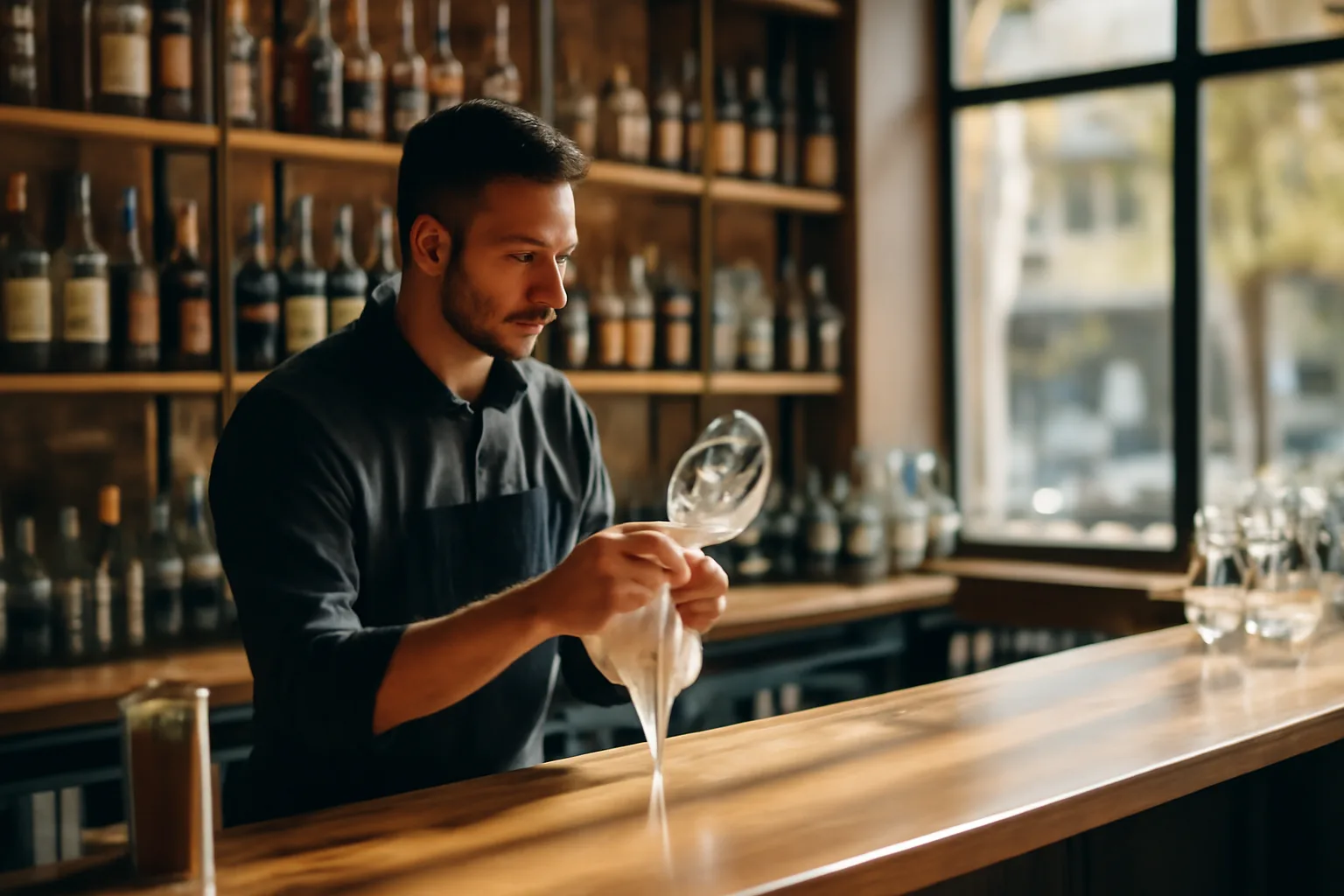 Bartender wiping a glass behind a sunlit restaurant bar counter