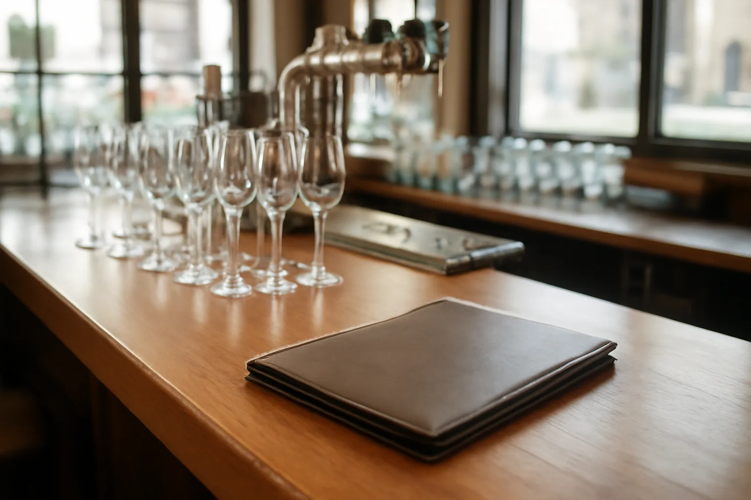 Empty restaurant bar counter with glassware, representing NC liquor license cost planning