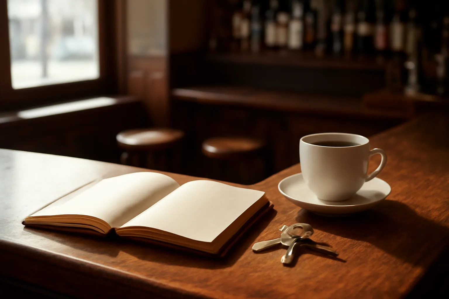 Empty bar counter with morning light, keys, and ledger representing liquor license planning