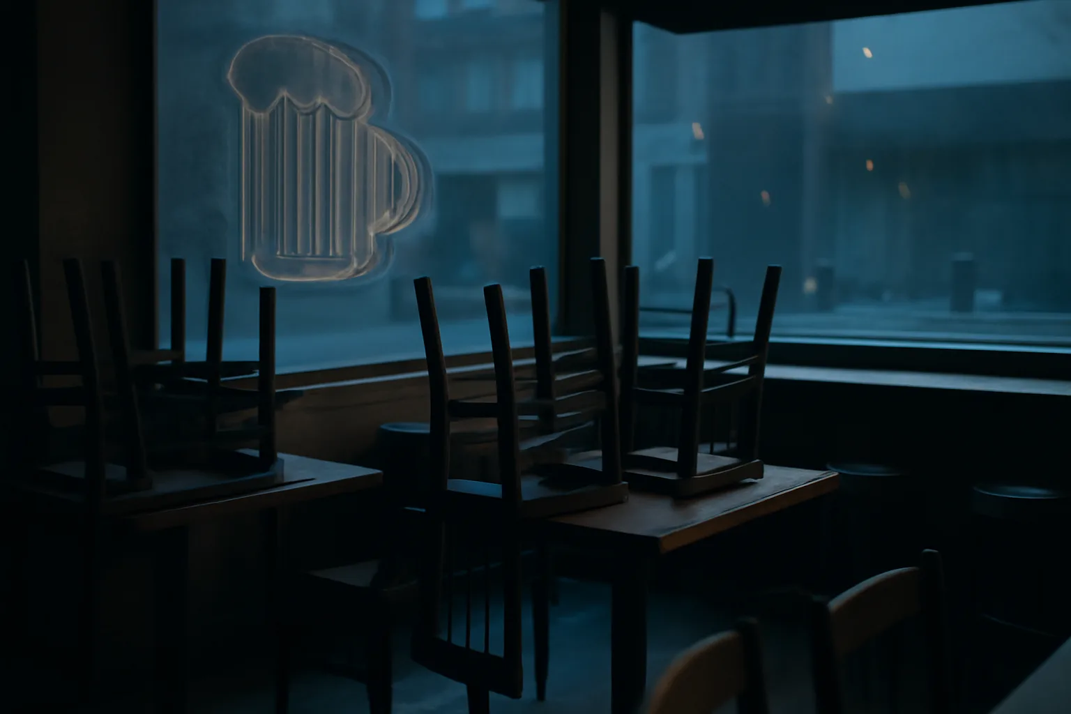 Empty closed restaurant bar at dusk representing a liquor license in safekeeping status