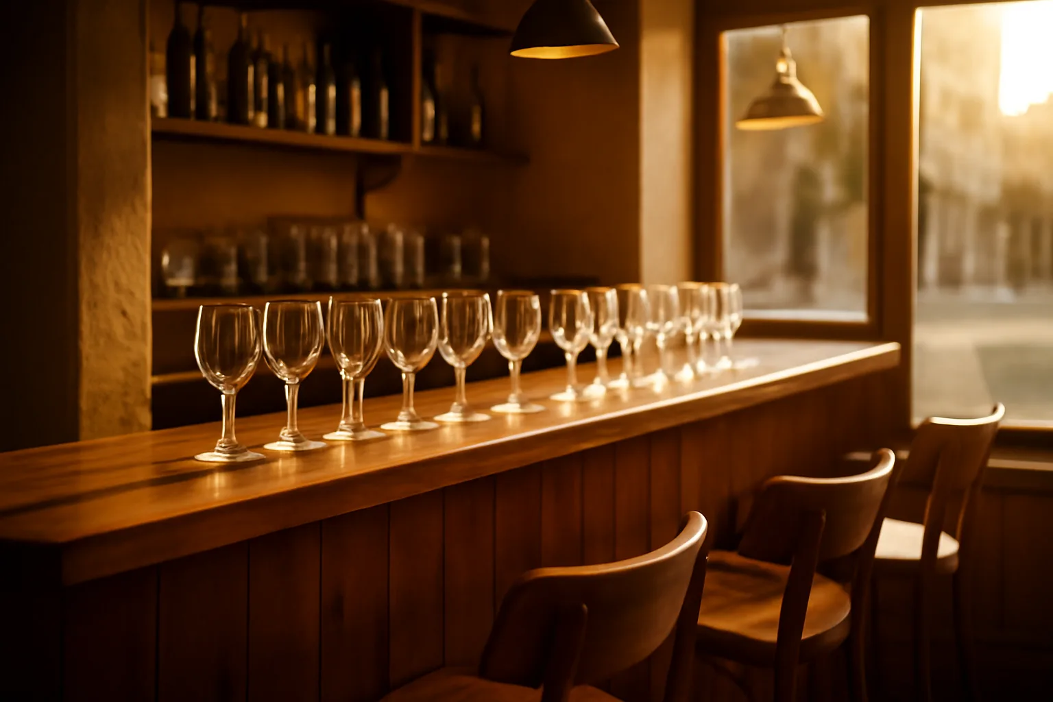 Empty restaurant bar counter with glassware lit by late afternoon sunlight