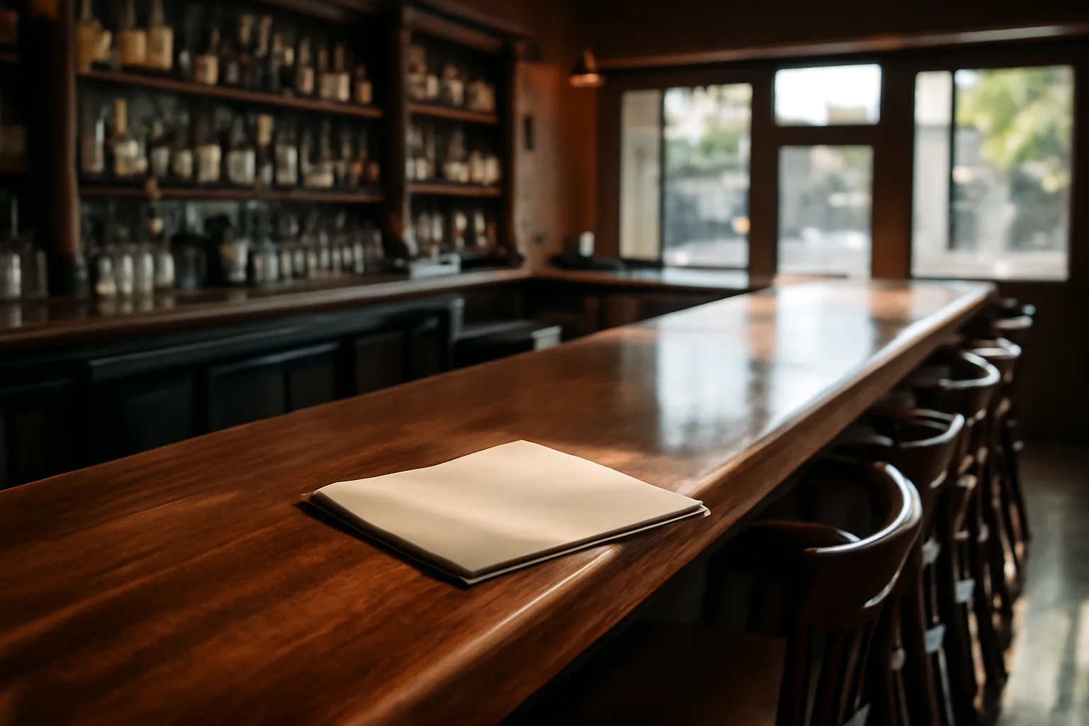 Empty bar interior with lease papers on the counter before opening day