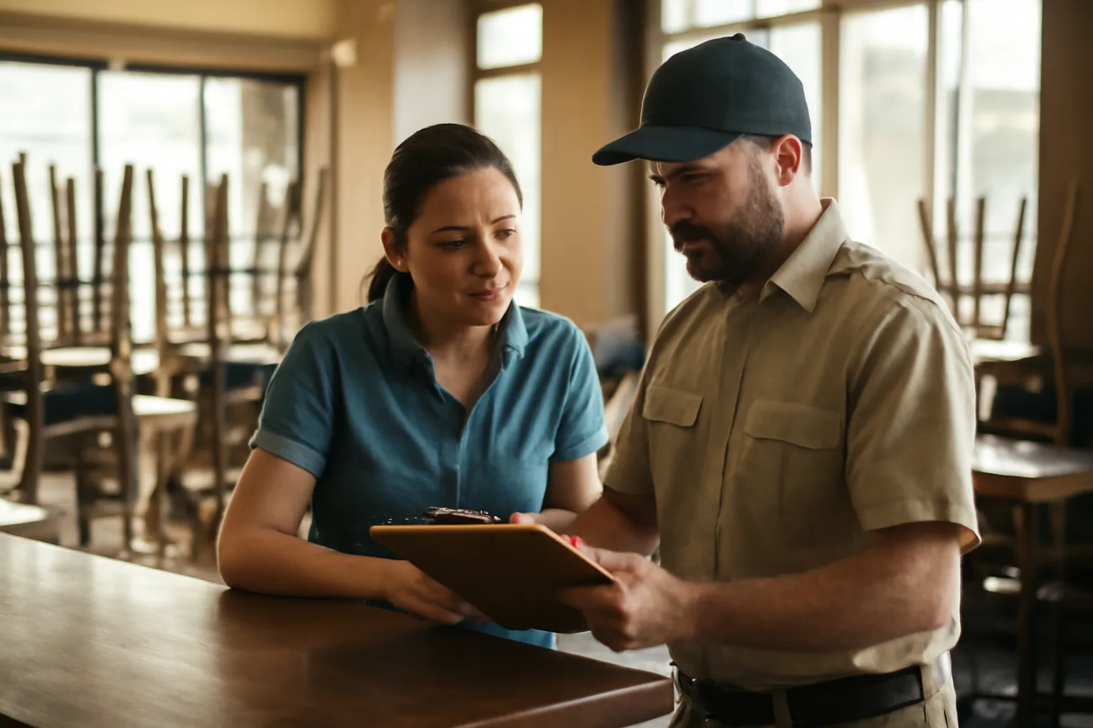 Restaurant owner and inspector reviewing paperwork at bar counter before opening
