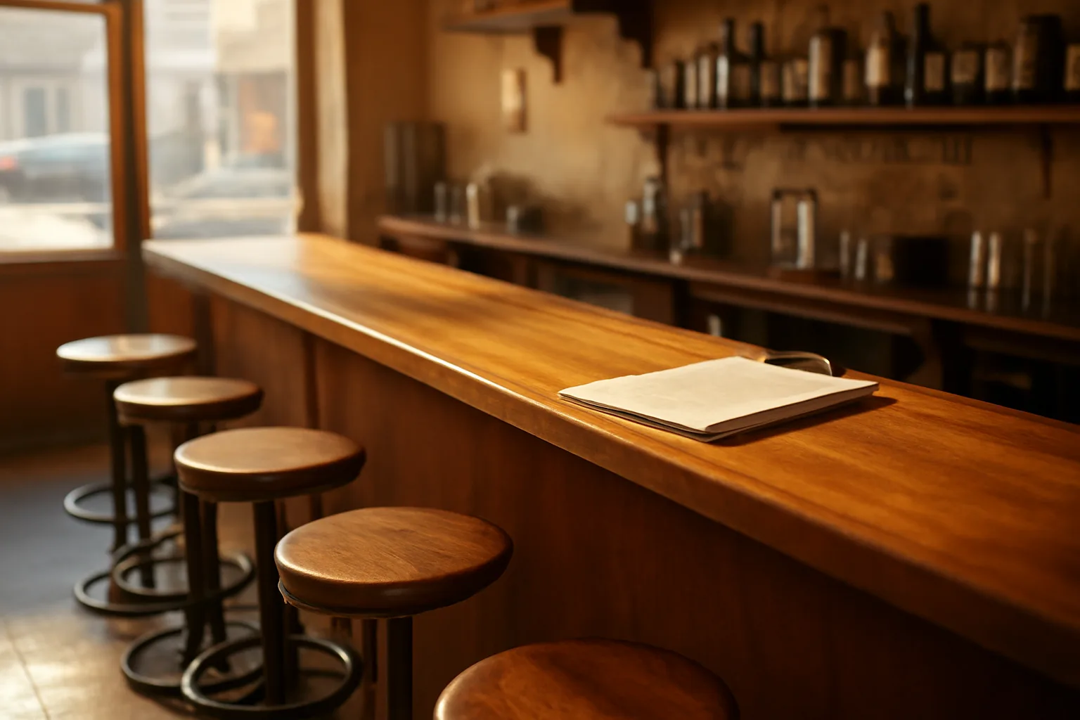 Empty restaurant bar counter in morning light before a liquor license inspection