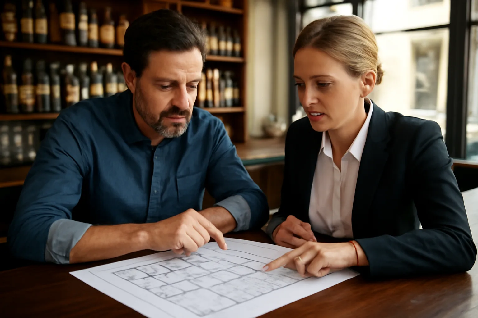 Restaurant owner and inspector reviewing floor plan at bar counter, ABC license planning