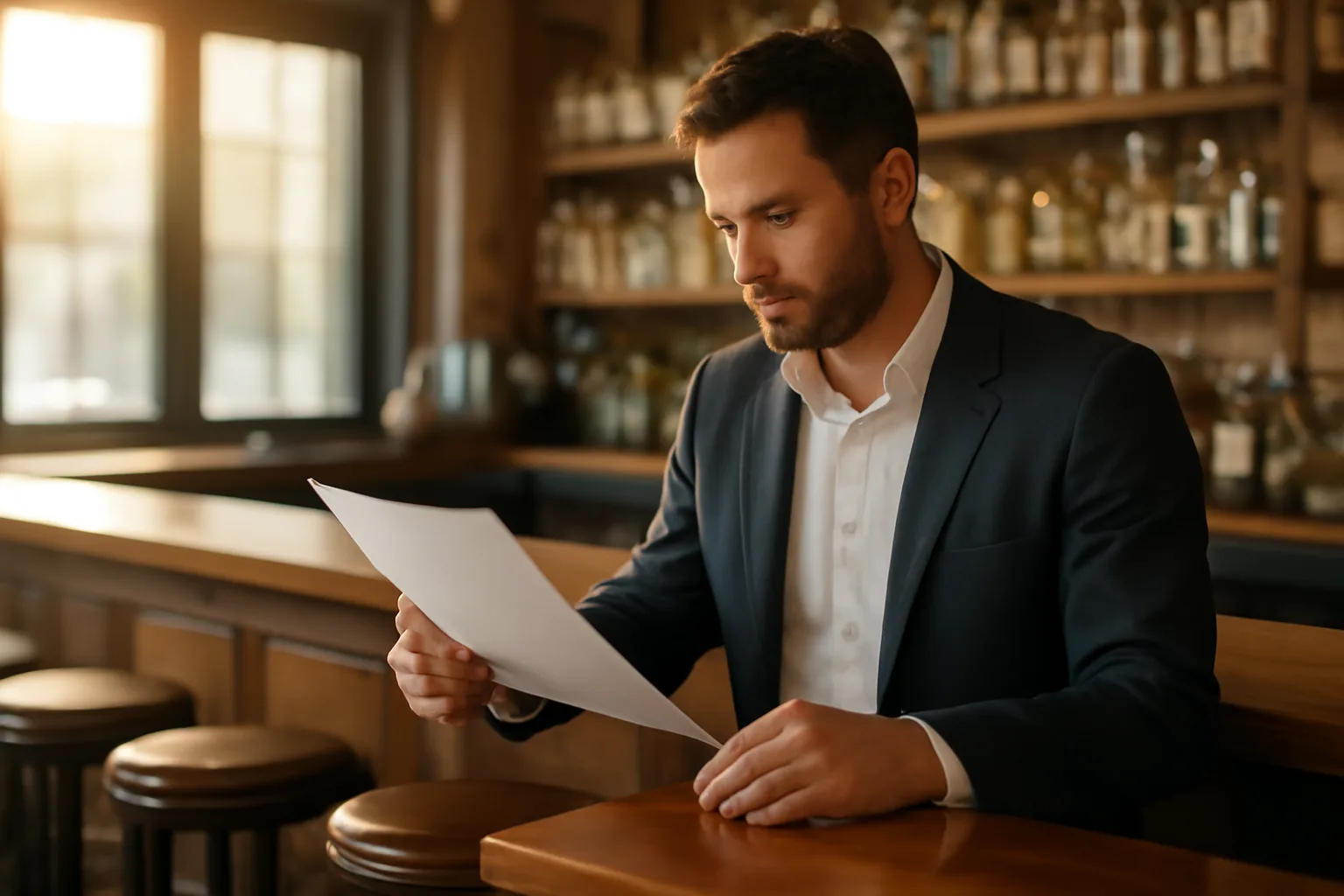 Restaurant owner reviewing alcohol and tobacco permit paperwork at empty bar counter